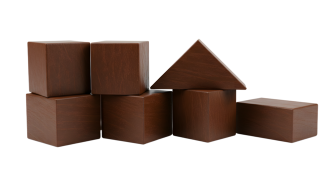 BABY TOYS - Set of brown wooden geometric blocks including cubes and a triangular prism on a black background, perfect for educational projects and design presentations