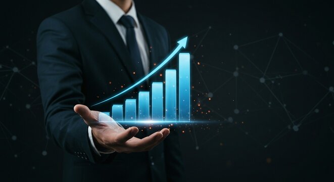 Professional hand presenting a glowing blue bar graph with an upward arrow, symbolizing business growth, financial success, data analysis, and technological advancement in a digital future
