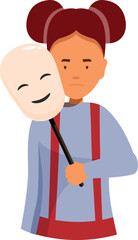 Sad girl holding a happy mask, hiding her real emotions, expressing the concept of fake happiness