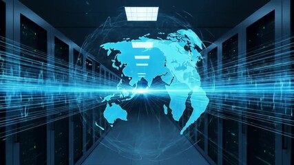 Digital Globe Hologram Suspended Above Server Racks with Blue Light Streaks and Geometric Network Patterns - Powered by Adobe