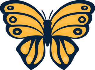 Cartoon yellow butterfly with blue outline, isolated on white background, representing nature, beauty, and transformation