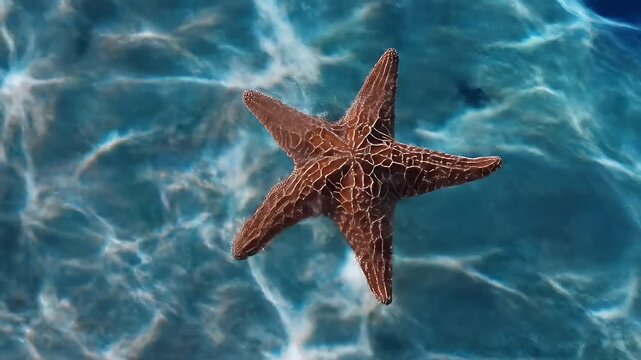 A close-up view of a starfish in the water; the surface of the sea is patterned and blue