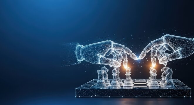 Digital robot hand plays a game of chess with artificial intelligence