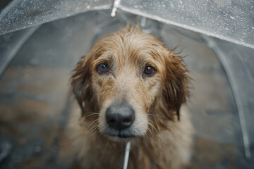 Dog under an umbrella in the rain, expressing loneliness and warmth