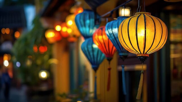 A vibrant row of lit paper lanterns, in shades of yellow, blue, and orange, hang outdoors at night