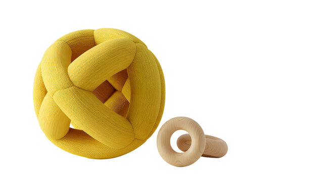BABY TOYS - Yellow knotted cushion with wooden rattle on white background, modern baby toy concept perfect for nursery decor