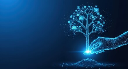 Hand planting a digital tree representing future technology growth