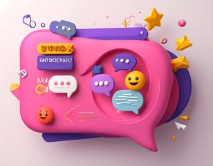 Abstract 3D graphic with pink and purple speech bubbles, emojis, and stars