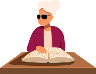 Senior woman wearing sunglasses reading braille book, enjoying literature and knowledge in old age