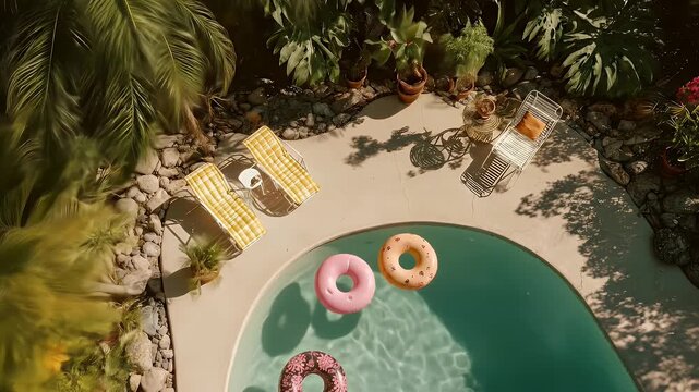 Aerial view of a pool with lounge chairs, floaties, lush greenery, and potted plants for a tranquil vibe