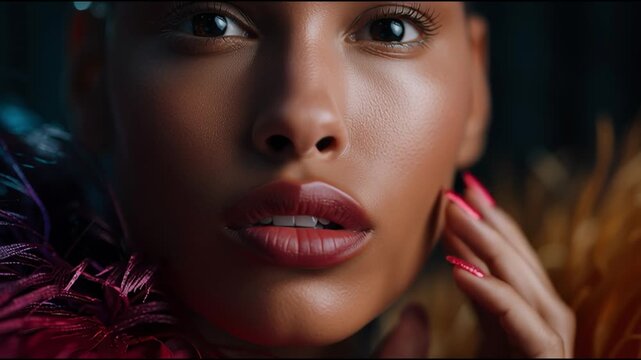 Beauty and elegance shine with colorful nails and bold makeup in a captivating close-up shot