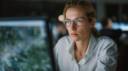 Lead cybersecurity officer monitoring decentralized network defense from holographic map interface, emotion of control visible, symbolizing data integrity, secure operations, and ethical digital