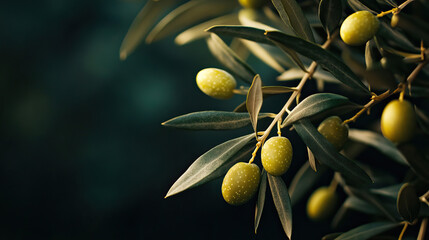 Olive branches with ripe green and golden olives, cinematic lighting, dark background,