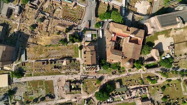 Aerial view of the Roman Forum and Palatine Hill, showcasing the ancient ruins and vibrant greenery, a blend of history and nature, Rome, Lazio, Italy.