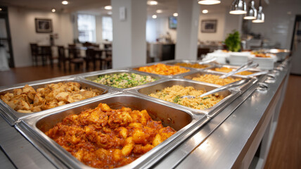 Fototapeta premium Buffet with various hot dishes in a restaurant setting.