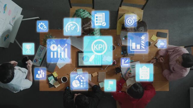 KPI icons show performance metrics, goals, and achievement measurement. KPI helps business track progress, KPI supports management, and KPI improves strategy results. Funnel