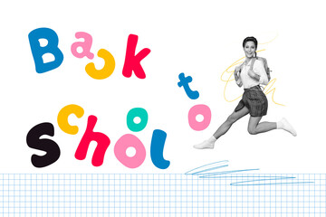 Composite photo collage of happy teenage girl carry backpack school education concept knowledge isolated on painted background