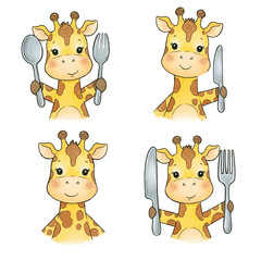 Cute Watercolor Giraffe Holding Fork Spoon and Knife Set