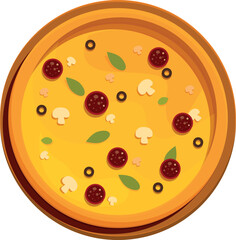 Tasty pizza with salami, mushrooms, olives and basil leaves on a wooden board