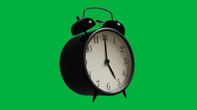 loop animation Black analog alarm clock in green screen background suitable for time management concepts, productivity articles, morning routine graphics, and vintage design projects.
