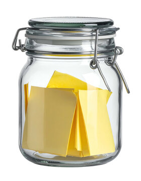 Glass jar with yellow sticky notes inside ready for use.