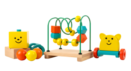 BABY TOYS - Colorful wooden baby toys including bead maze, stackable blocks with smiley faces, and a pull-along bear on wheels, perfect for early childhood development