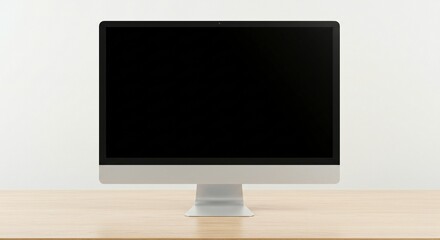 Modern desktop computer with blank screen on a wooden desk for mockup or display purposes