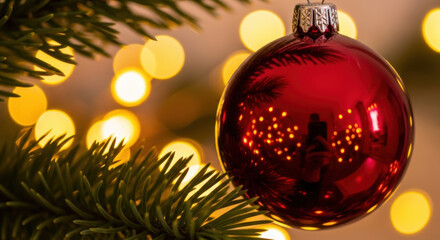 Reflective red Christmas ornament on a pine branch with bokeh lights, conveying festive cheer and holiday warmth.