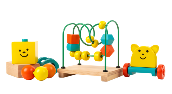 BABY TOYS - Colorful wooden baby toys including bead maze, stackable blocks with smiley faces, and a pull-along bear on wheels, perfect for early childhood development
