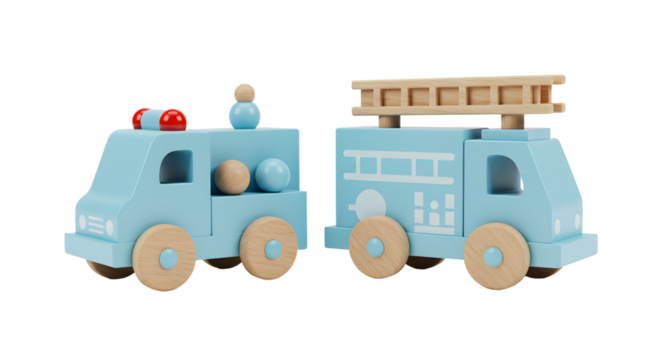 BABY TOYS - Blue wooden toy fire trucks with red light and ladder, children's educational playset, perfect for nursery and early learning
