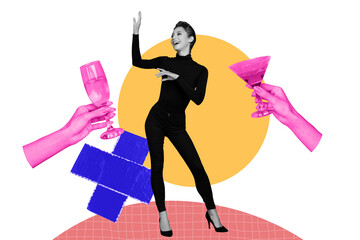 3d sketch poster trend collage image of happy girl dance friday party celebration hands hold champagne martini toast drink