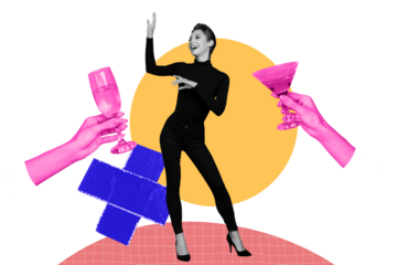 3d sketch poster trend collage image of happy girl dance friday party celebration hands hold champagne martini toast drink