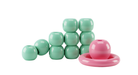 BABY TOYS - Glossy mint green spheres stacked in a pyramid shape with a single pink sphere on a matching pink circular base, minimalistic abstract composition, perfect for modern design projects