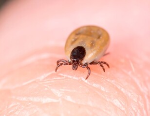 Close-up of a tick on a human finger