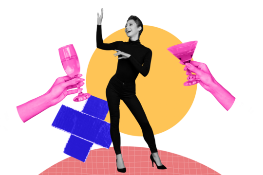 3d sketch poster trend collage image of happy girl dance friday party celebration hands hold champagne martini toast drink