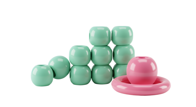 BABY TOYS - Glossy mint green spheres stacked in a pyramid shape with a single pink sphere on a matching pink circular base, minimalistic abstract composition, perfect for modern design projects