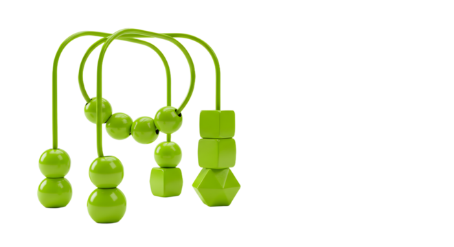 BABY TOYS - Green baby bead maze toy with multiple wooden shapes on a wire frame, early childhood educational toy for toddlers and infants