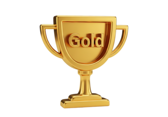 3d illustration of a golden trophy with the word gold inscribed on it, isolated on transparent background on transparent background