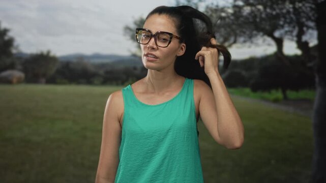Woman holds hair and tilts head back in green park field under cloudy sky with neutral expression; calm reflection.