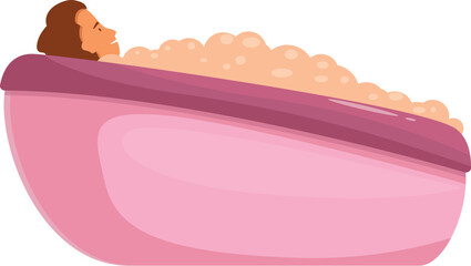 Woman enjoying a relaxing bath in a pink bathtub filled with foam bubbles