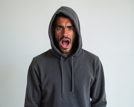 Man wearing gray hoodie, shouting with intense anger, furrowed brow, and open mouth showing teeth, conveying strong emotion and frustration. - Powered by Adobe
