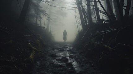 Horror scene with shadowy figure in fog.