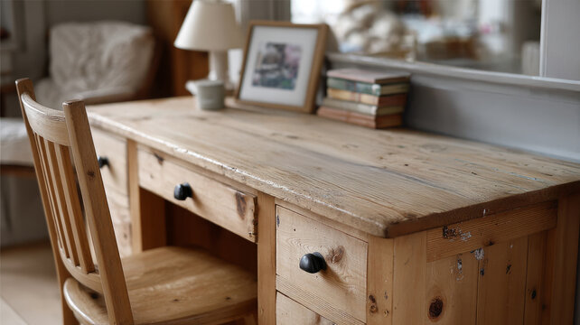 Wooden desk and chair in a cozy home office setting.