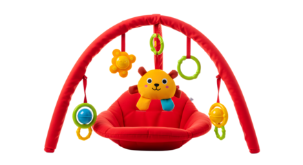 BABY TOYS - Red baby swing with hanging colorful toys and plush lion, infant play equipment for nursery and early childhood development