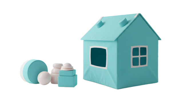 BABY TOYS - Small blue fabric playhouse with toy accessories for children, perfect for indoor playrooms or imaginative play