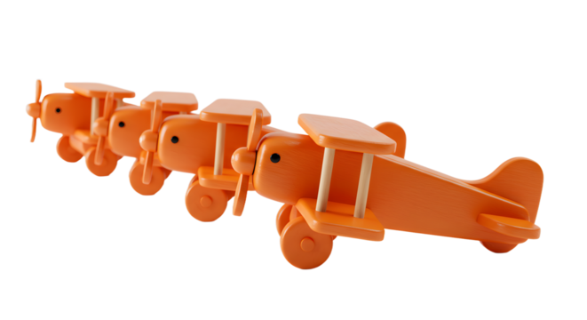 BABY TOYS - Row of orange wooden toy airplanes isolated on white background, perfect for children's playrooms and educational displays