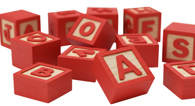BABY TOYS - Red wooden alphabet blocks scattered on white background with various letters visible, perfect for early childhood education and learning materials