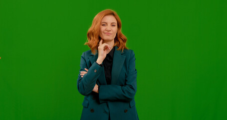 Woman making more gesture, expressing disgust and dissatisfaction rejecting. Isolated on green screen background. Unimportant conversation for goal oriented person.