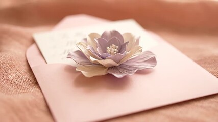 Stylish wedding invitation card enclosed in a blush pink envelope, adorned with a delicate handmade paper flower for a touch of romance. This stationery exudes elegance and charm