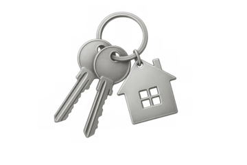 House keys with silver home shape keychain representing real estate, ownership, and property security on transparent background